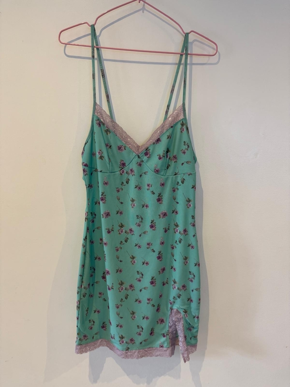 Mint Green Floral Lace Trim Coquette Slip Mini Dress S